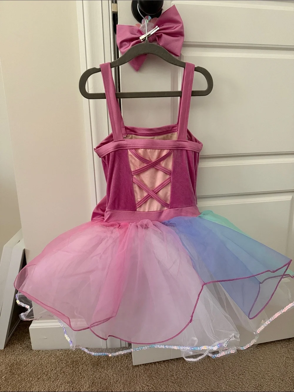 Girls Pink Multicolor Tutu Dress with Bow and Flower Accent